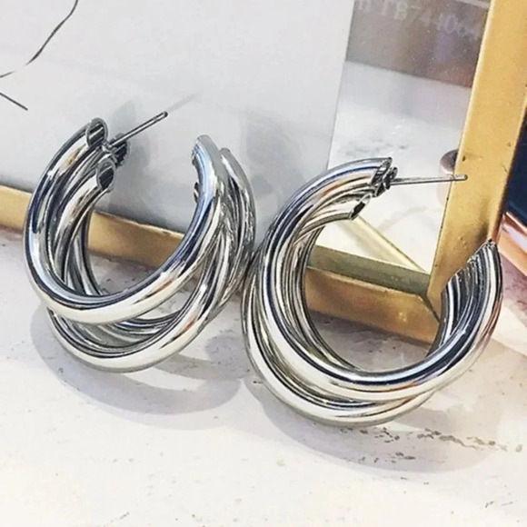 NEW 925 Sterling Silver Three Layer Hoop Earrings - Picture 6 of 6